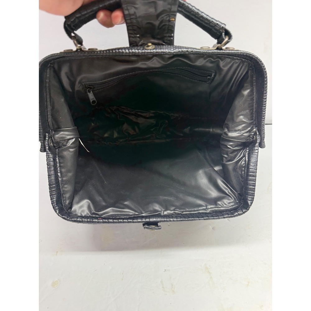 Vintage Black Embossed Patchwork Handbag Crocodile Ostrich Lizard Top Handle Bag - Picture 13 of 15